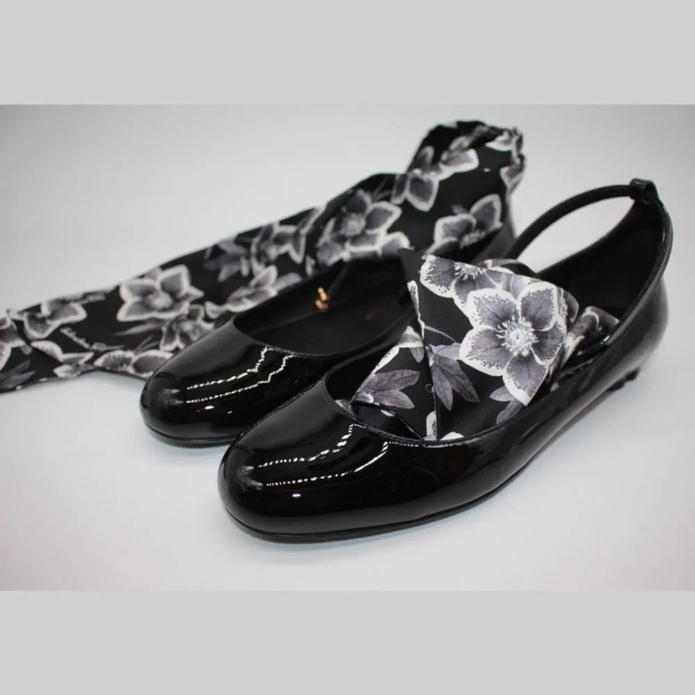 Salvatore Ferragamo Cefalu Black Patent Leather Ballet Foulard Bow Flats $695
